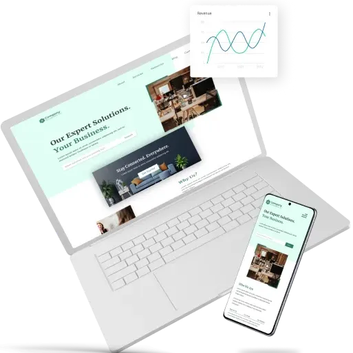 Graphic showing improved SEO graphs overlaying website design